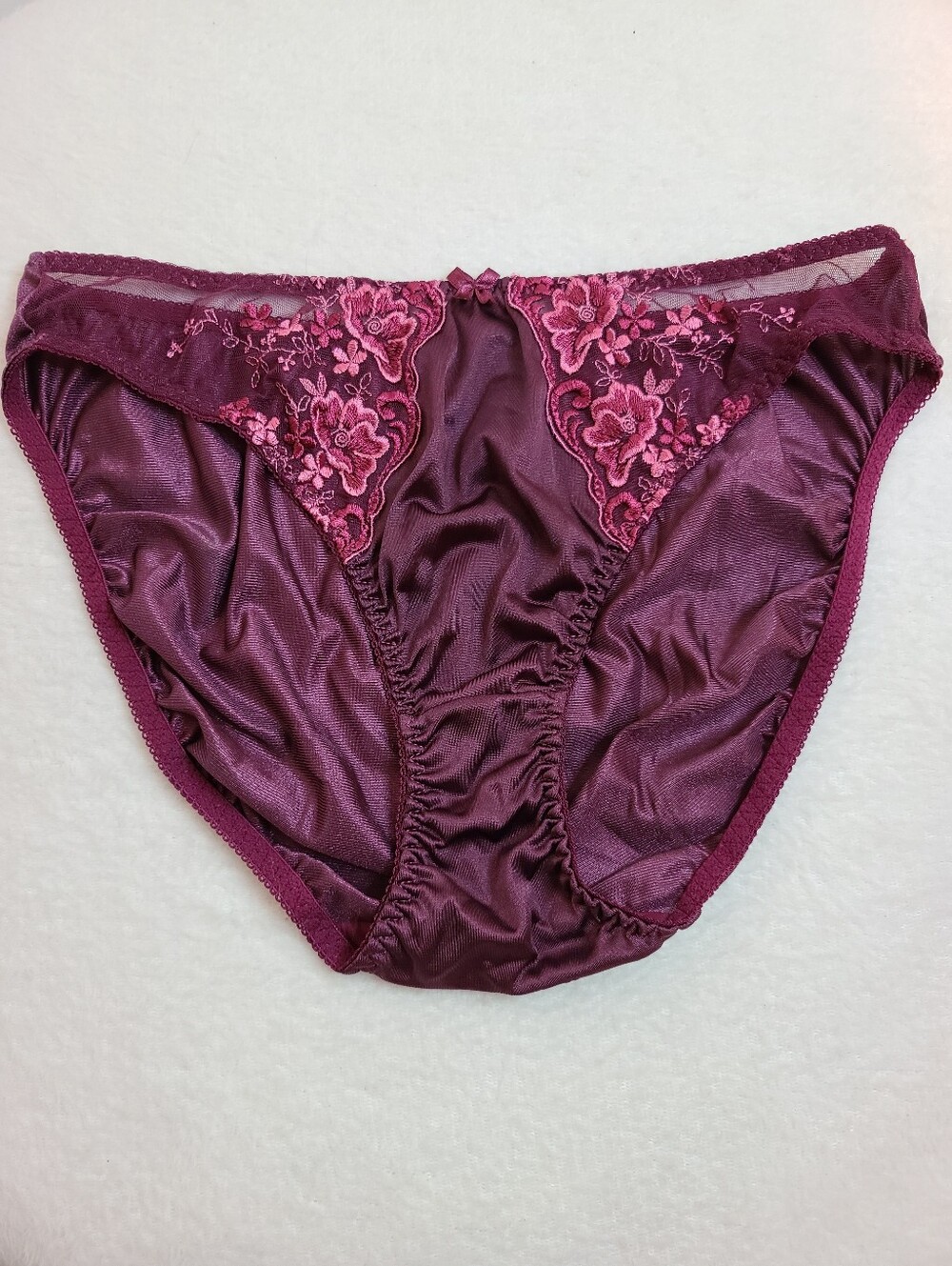 VTG Silky Satin Nylon Embroidered Lace Bikini Brief Panty Size XL